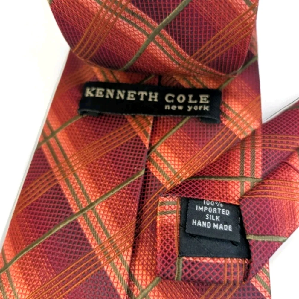 Kenneth Cole Men’s Silk Tie Red Orange Plaid Classic Business Formal